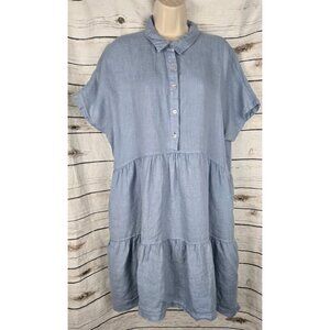 Tahari Blue 100% Linen Shirt Dress XL Midi Lagenlook Tiered Dolman Coastal